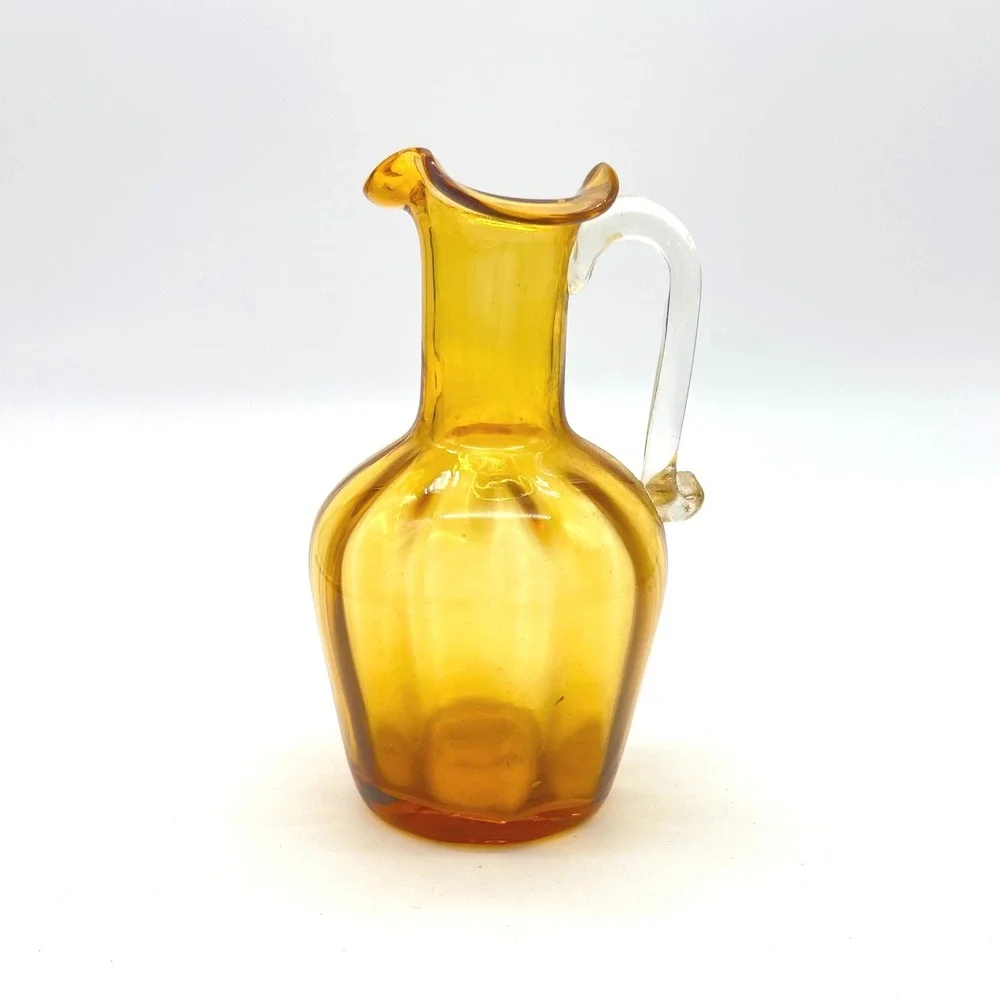 Amber Blown‎ Glass Mini Pitcher Small Decorative Carafe with Handle Fluted Rim